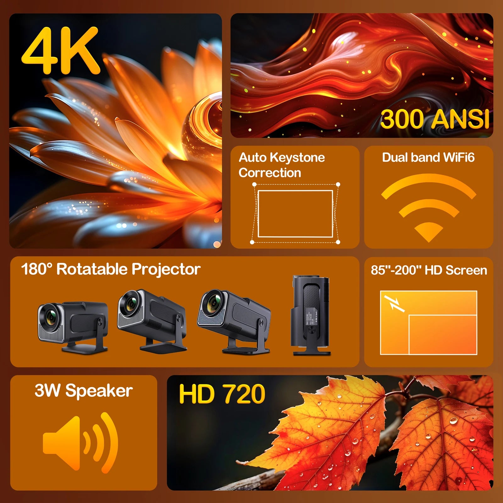 Woopker HY320 Mini Android 11 4K Projector 720P 300ANSI Wifi6 BT5.0 Ultra Short Focus 180° Rotable Projector For Home Cinema