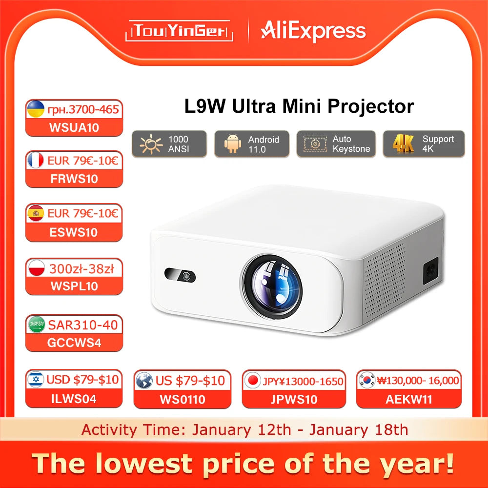 Touyinger L9W Ultra Android Projector 4K Mini Projectors full HD Cinema Video Proyector LED Home Theater Beamer Screen Bluetooth