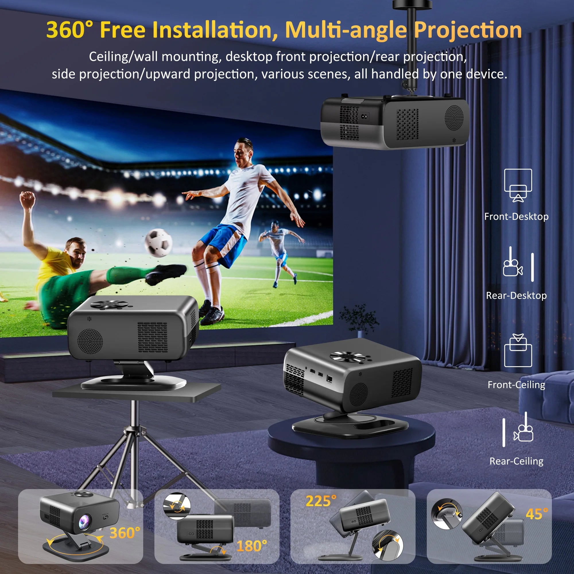 HORLAT M4 25000Lumens Portable Proyector Android12 Mini Projector 4K 64G Auto Focus Keystone Full HD 1080P 3D Home Theater WiFi6