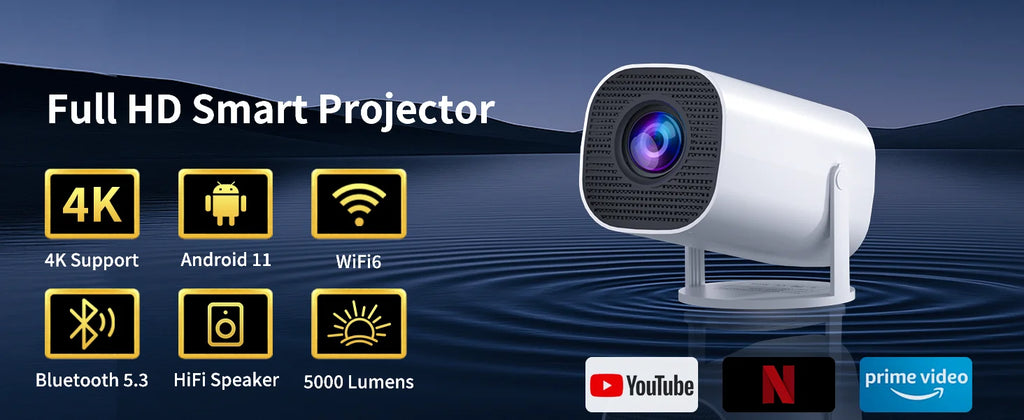 Mini Projector with WiFi & Bluetooth, 4K Support, Android System, Portable for Home Theater, Business, Gaming