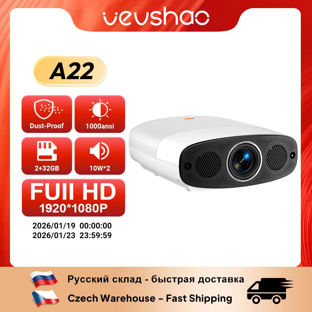 VEVSHAO Full HD Projector A22 4K Video Smart TV for Home WIFI 1080P 1000 Lumen Projectors Media Video Player Smart Beamer